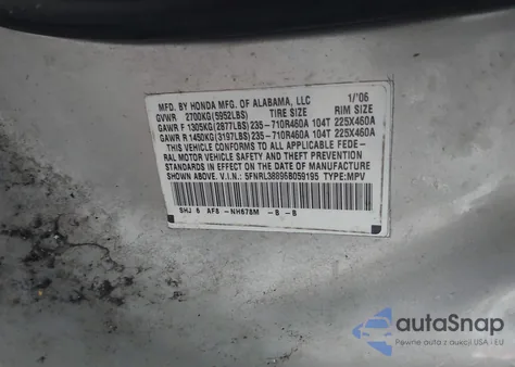 2006 Honda Odyssey Touring z USA, uszkodzony, nr VIN 5FNRL38896B059195